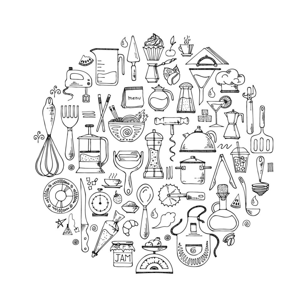 Vector circle  background of kitchen tools. Hand drawn doodle cooking equipments. illustration for restaurant menu, recipe book, and wallpaper.