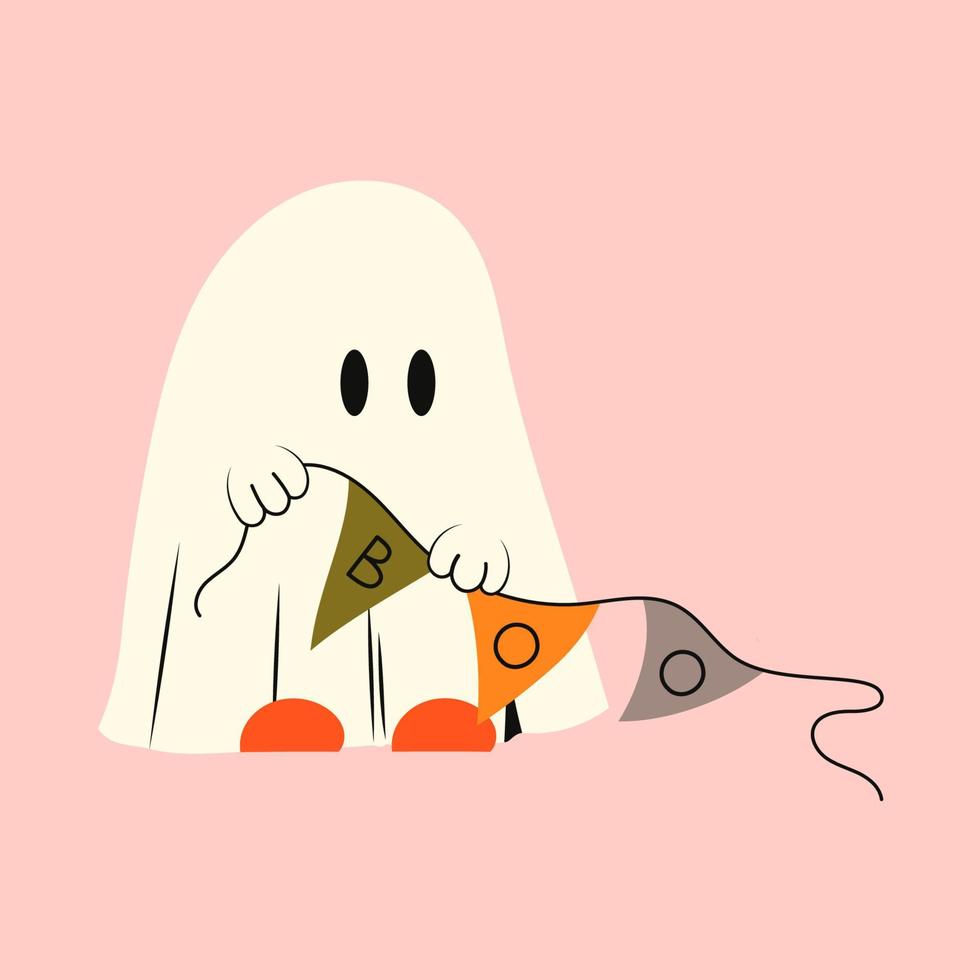 Halloween ghost. Phantom with flags and the inscription boo. Kawaii monster mystical drawing concept. Flat vector illustration isolated with pumpkins and holiday elements.