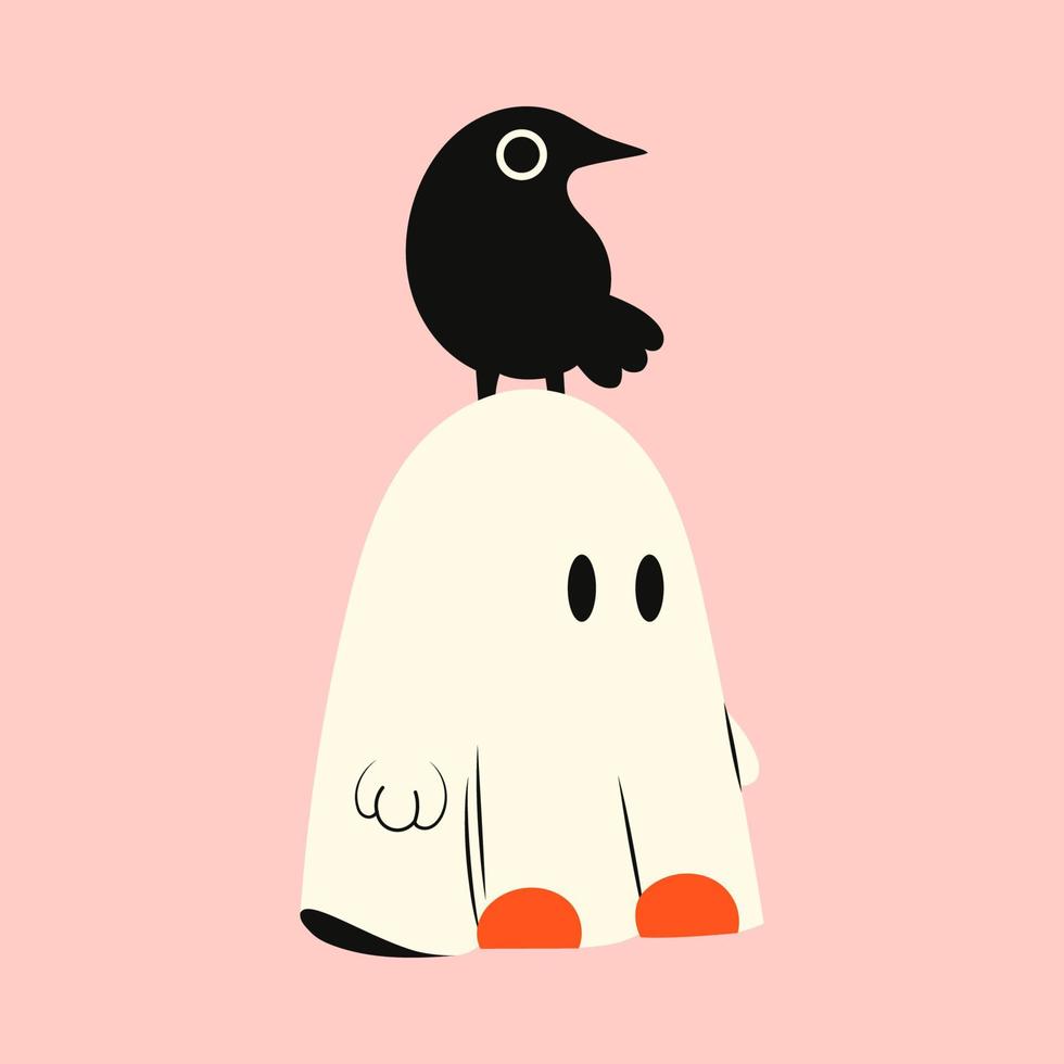 Halloween ghost. Phantom with a black raven on its head. Kawaii monster mystical drawing concept. Flat vector illustration isolated with pumpkins and holiday elements.