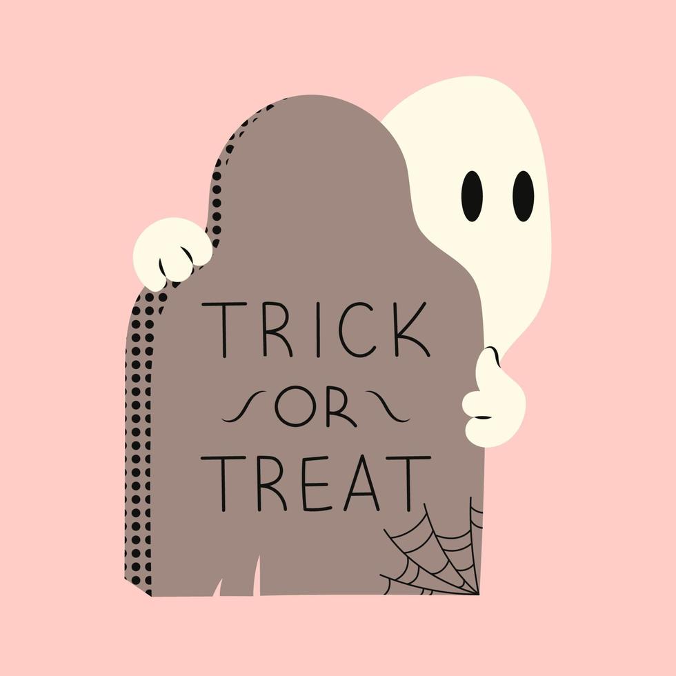 fantasma de halloween con lápida y telaraña. fantasma en ropa blanca. concepto de dibujo místico del monstruo kawaii. ilustración vectorial plana aislada con calabazas y elementos navideños. vector