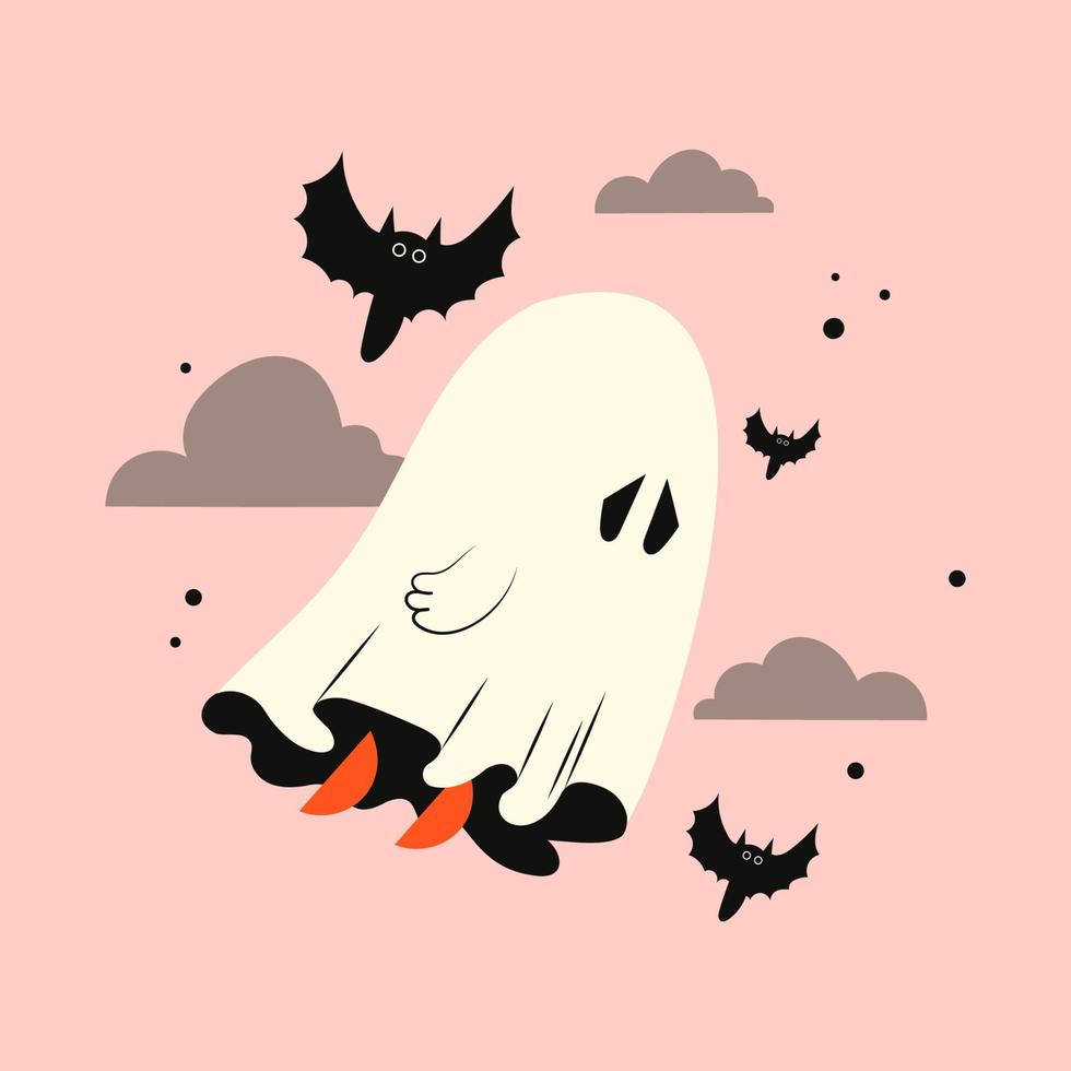 Halloween ghost in the clouds with a bat. Kawaii phantom in white clothes is flying. Kawaii monster mystical drawing concept. Flat vector illustration isolated with pumpkins and holiday elements.