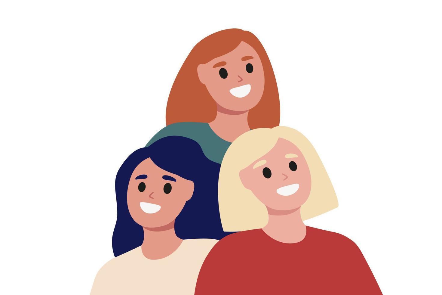 Three smiling girls. Flat design vector illustration