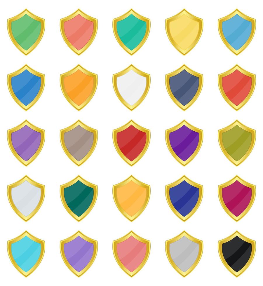 Collection of icons of colored shields on a white background. Vector illustration