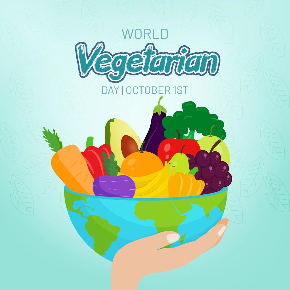 día mundial vegetariano 1 de octubre frutas y verduras con ilustración de tazón de mapas del mundo sobre fondo aislado vector