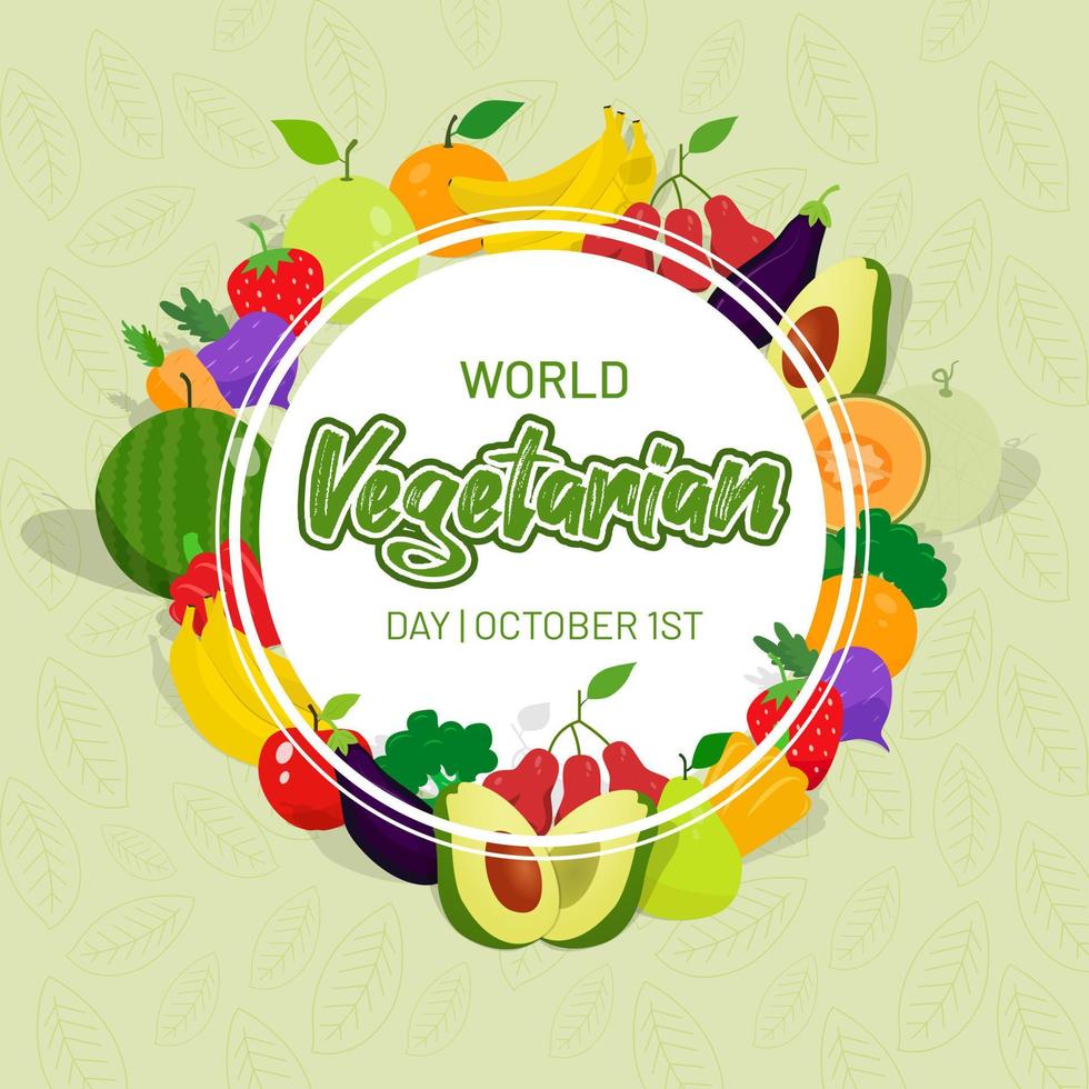 día mundial vegetariano 1 de octubre frutas verduras ilustración sobre fondo de patrón de hojas vector