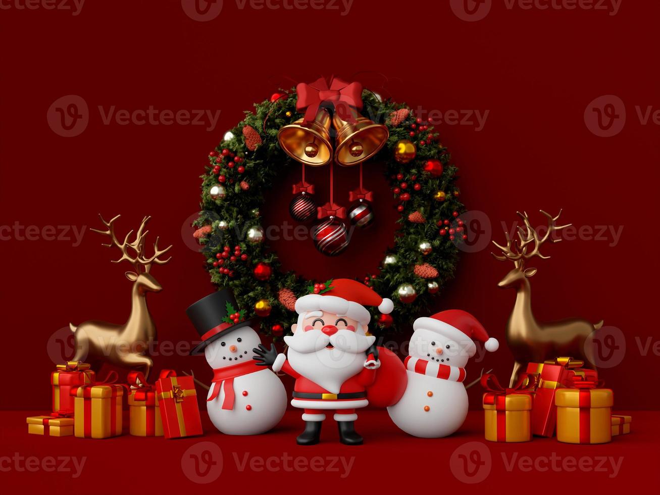 3d illustration Christmas theme, Santa Claus and snowman with Christmas wreath and decoration photo