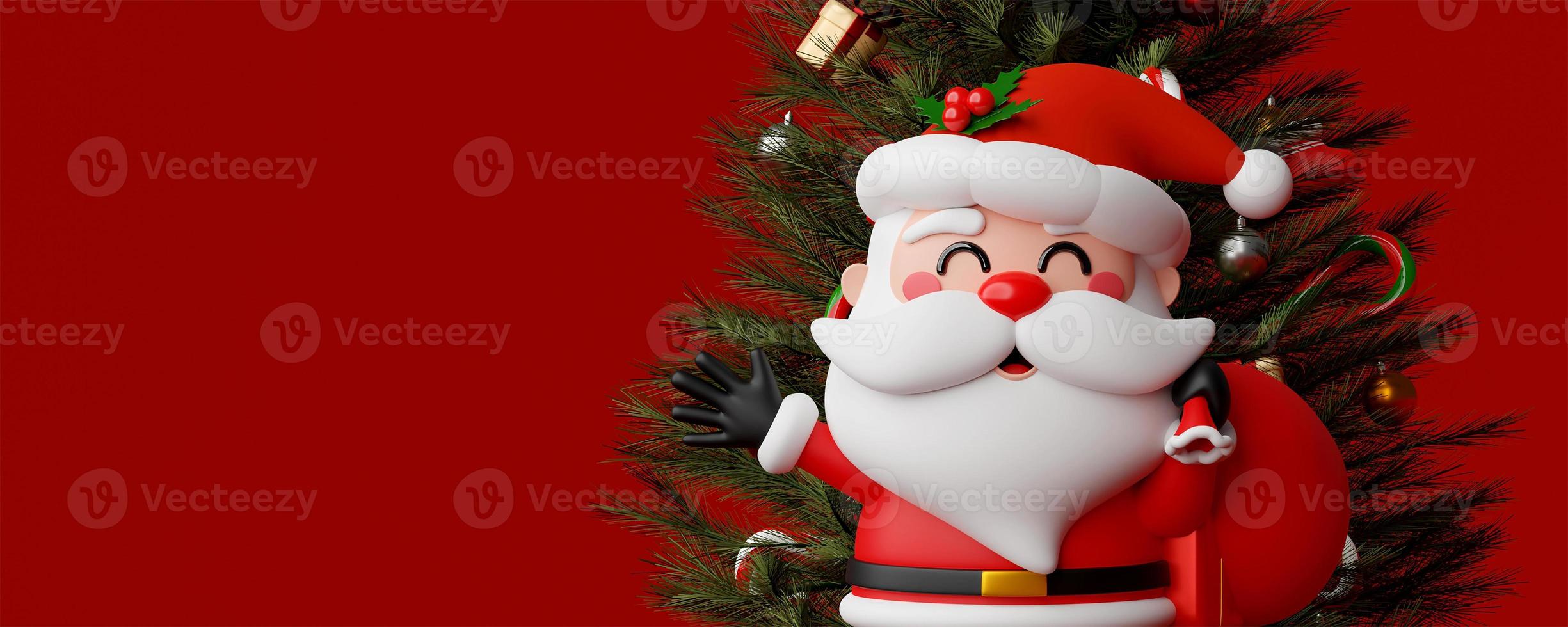 3d illustration Christmas banner of Santa Claus with Christmas tree photo