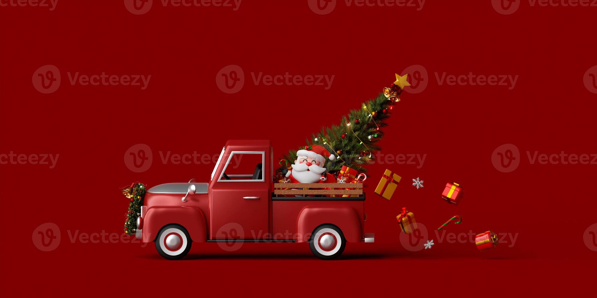 Ilustración 3d banner de navidad santa claus en camión de navidad con árbol de navidad y regalo foto