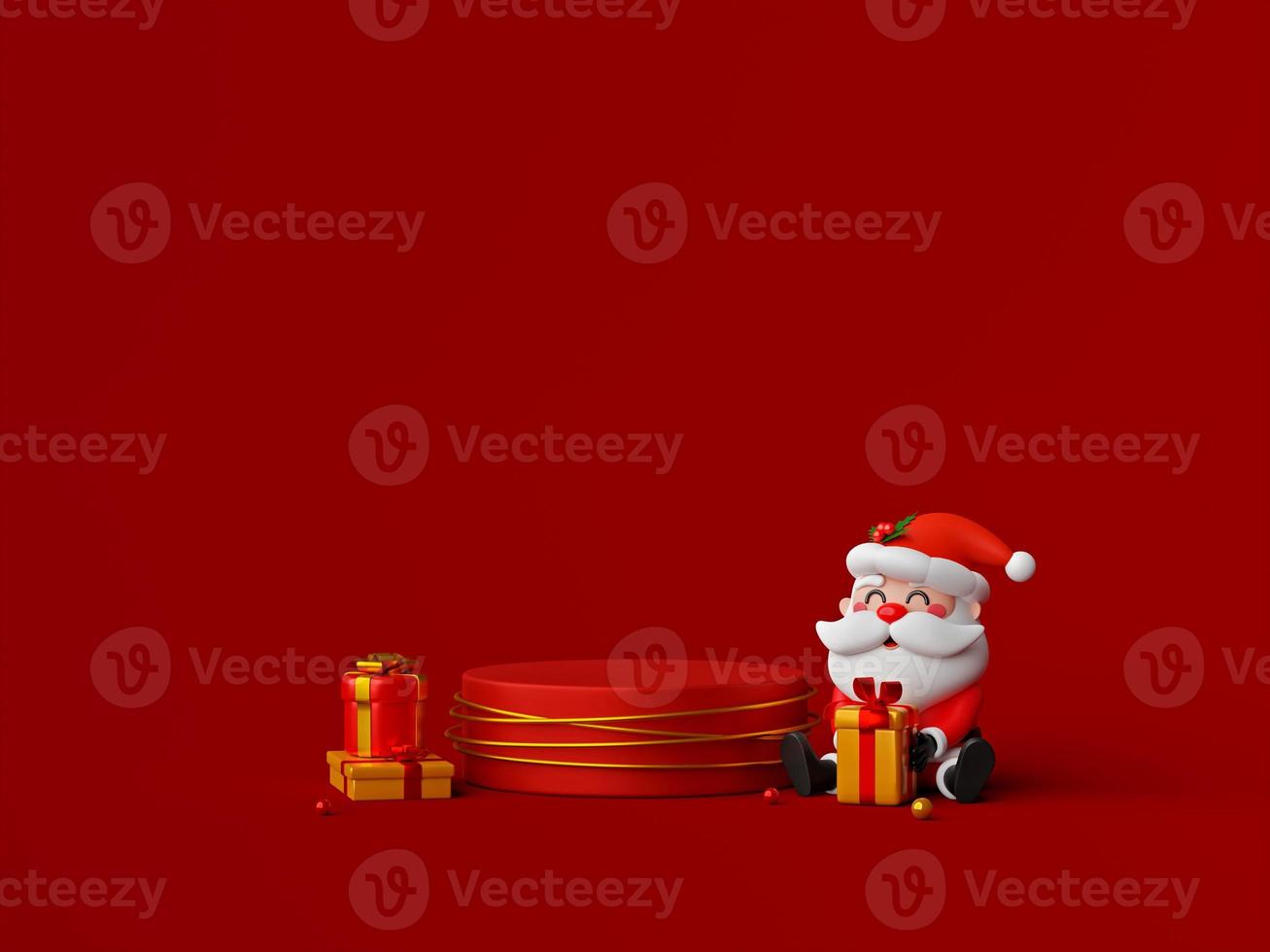 Santa Claus sit next to podium with Christmas gift, 3d illustration photo
