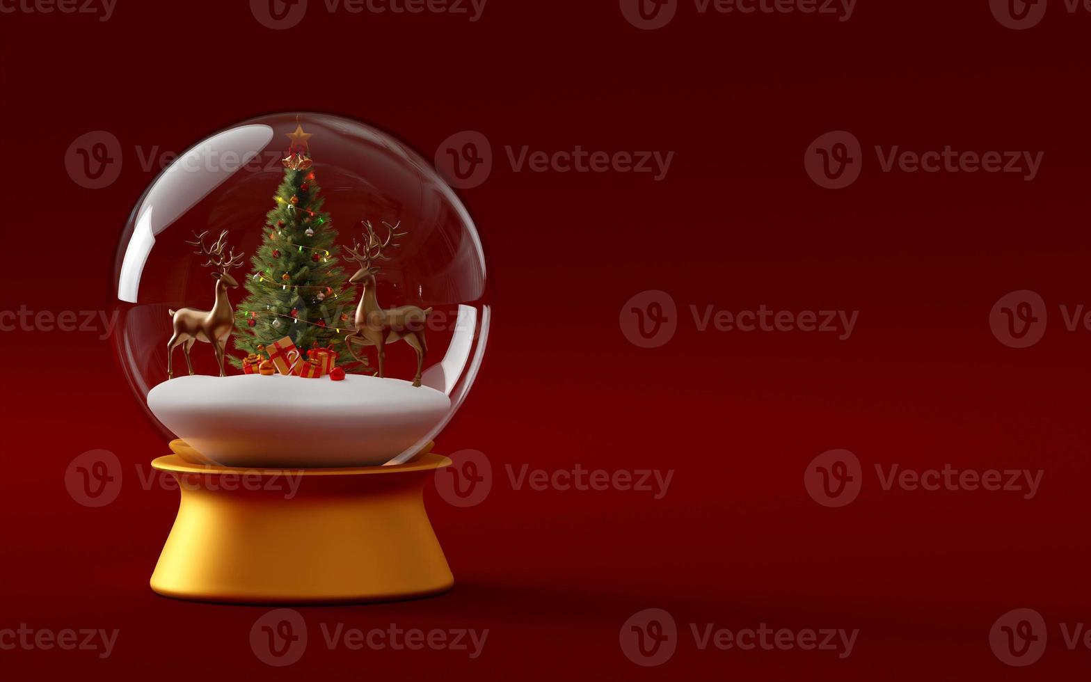 Reindeer with Christmas tree in snow globe, 3d illustration photo