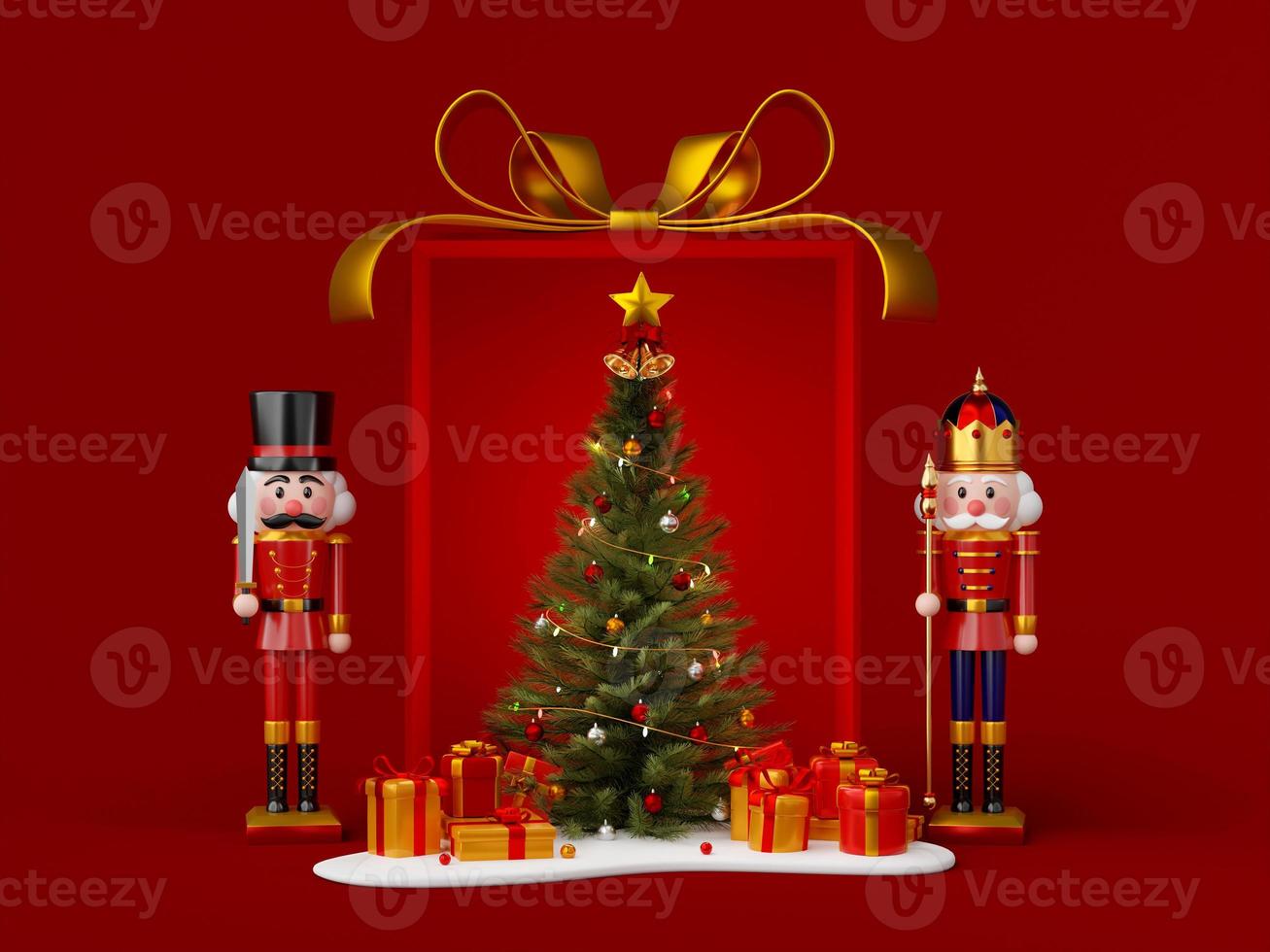 Nutcracker with Christmas tree in big Christmas gift box, 3d illustration photo