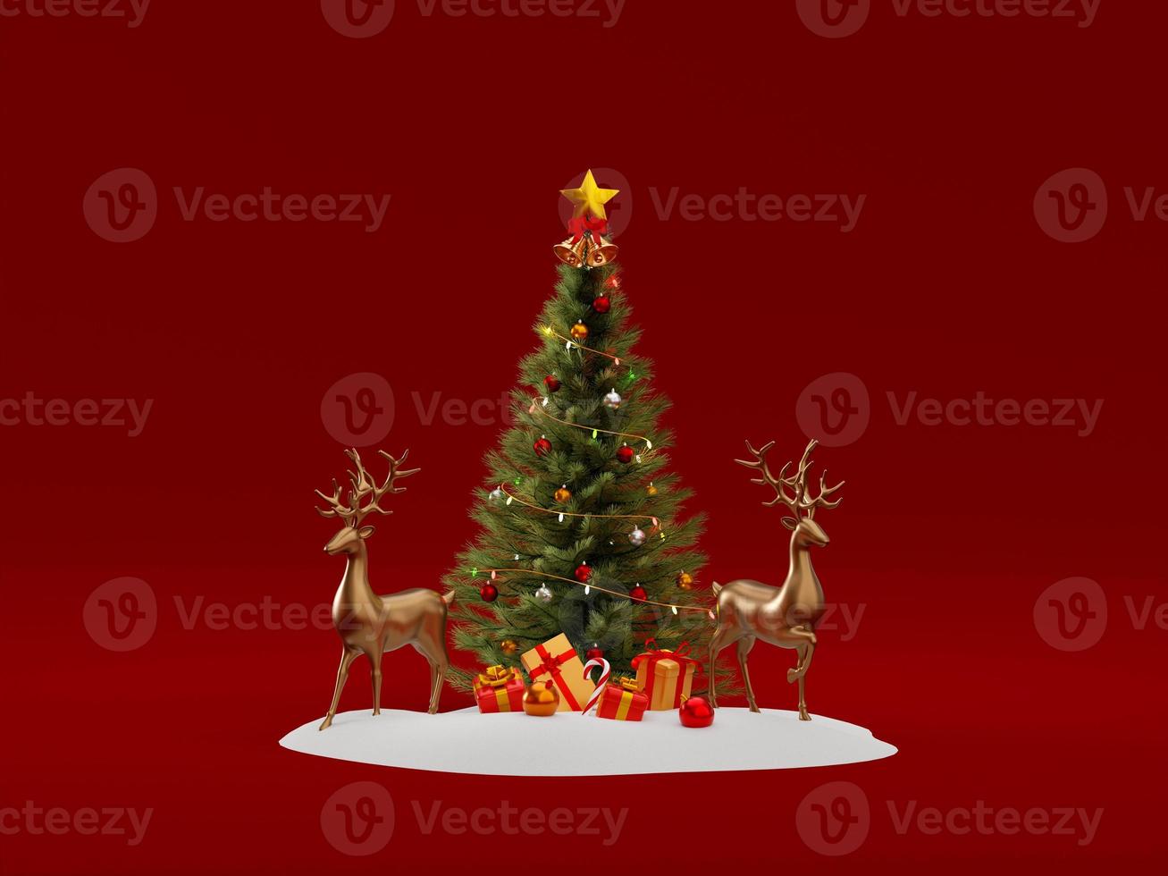 3d illustration of reindeer with Christmas tree on snow ground photo