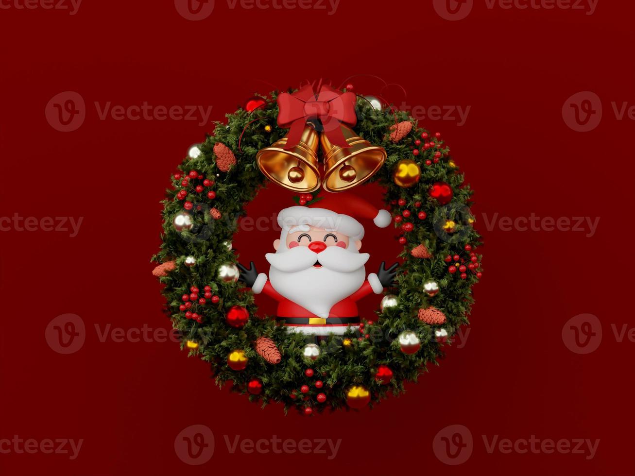 Christmas banner of Santa Claus with Christmas wreath on red background, 3d illustration photo