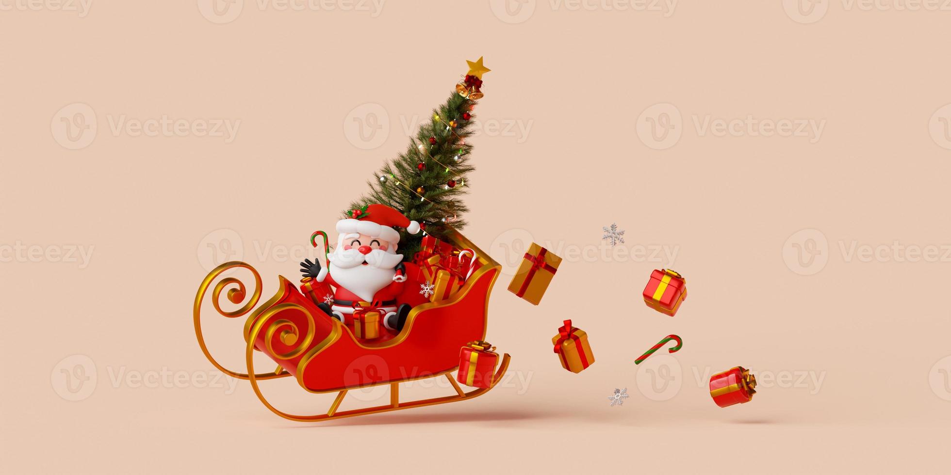 3d ilustración banner de navidad de santa claus en trineo con caja de regalo y árbol de navidad foto