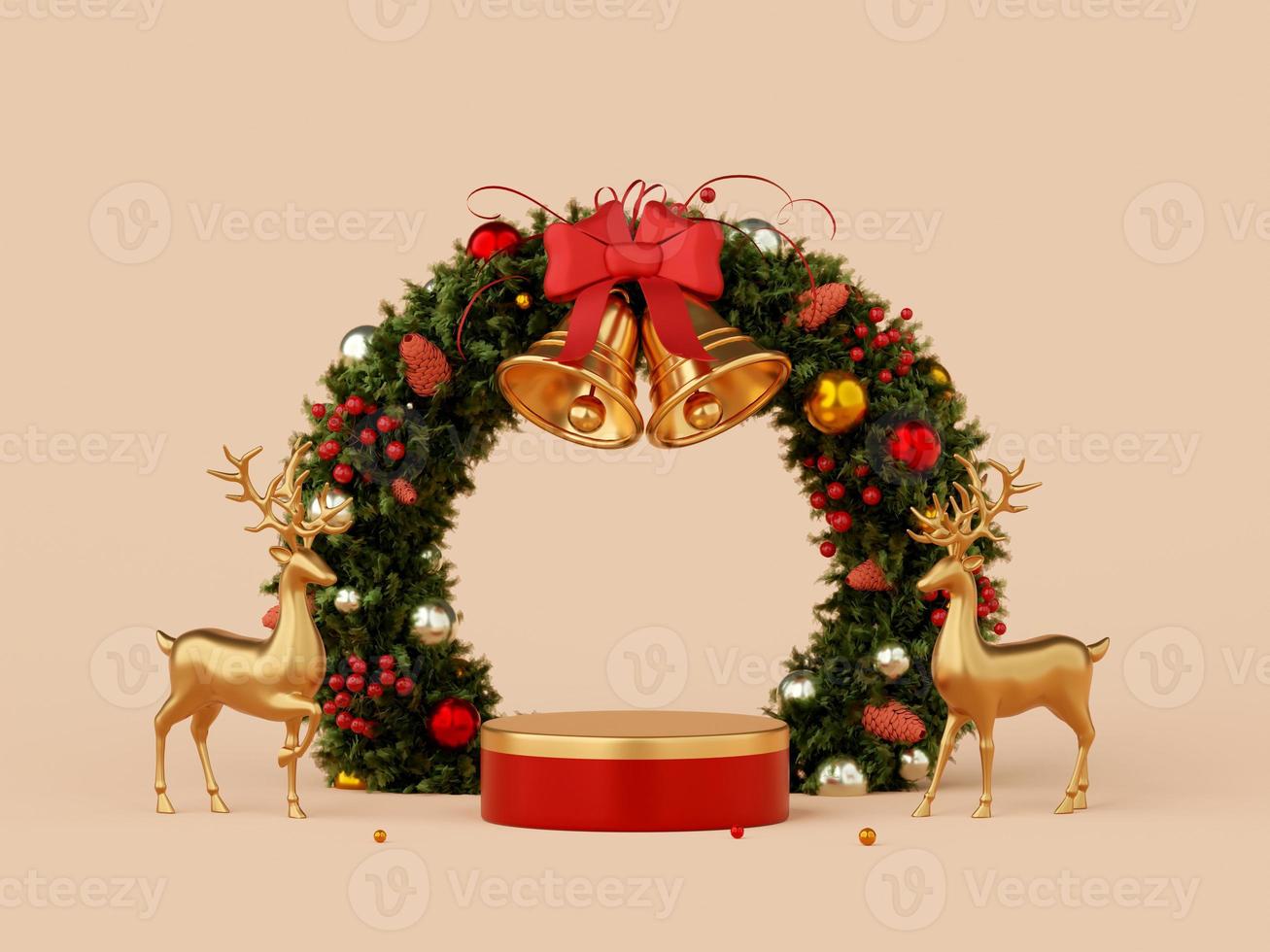 3d illustration banner of Christmas podium with reindeer and Christmas wreath photo