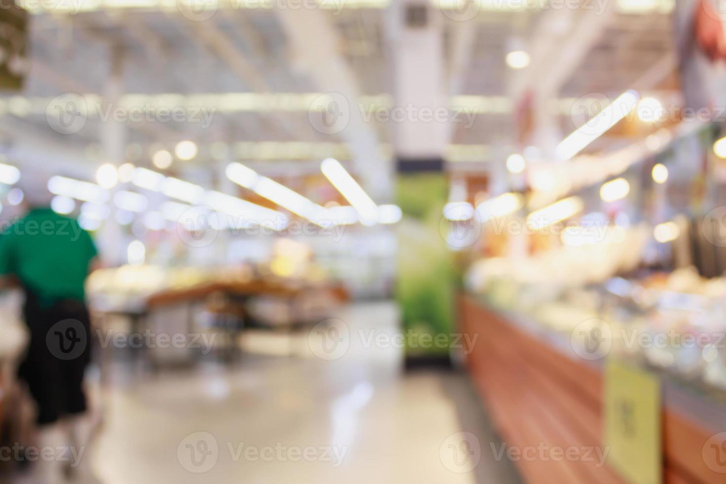 Supermarket with fresh food abstract blurred background with bokeh light photo