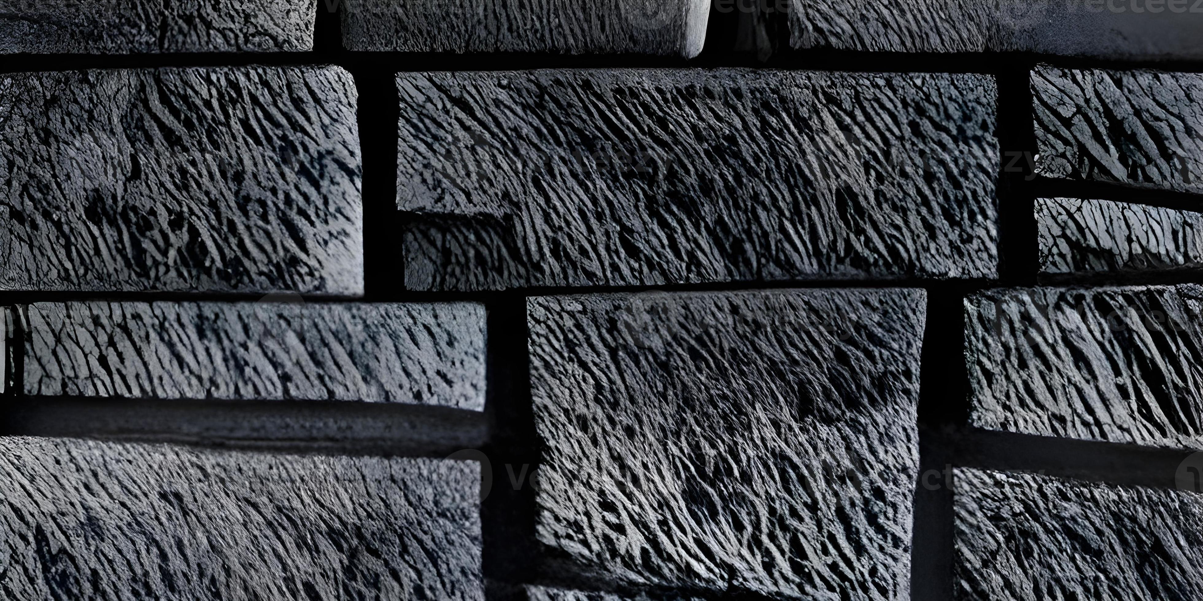 black brick wall of dark stone texture and background, stone floor wide