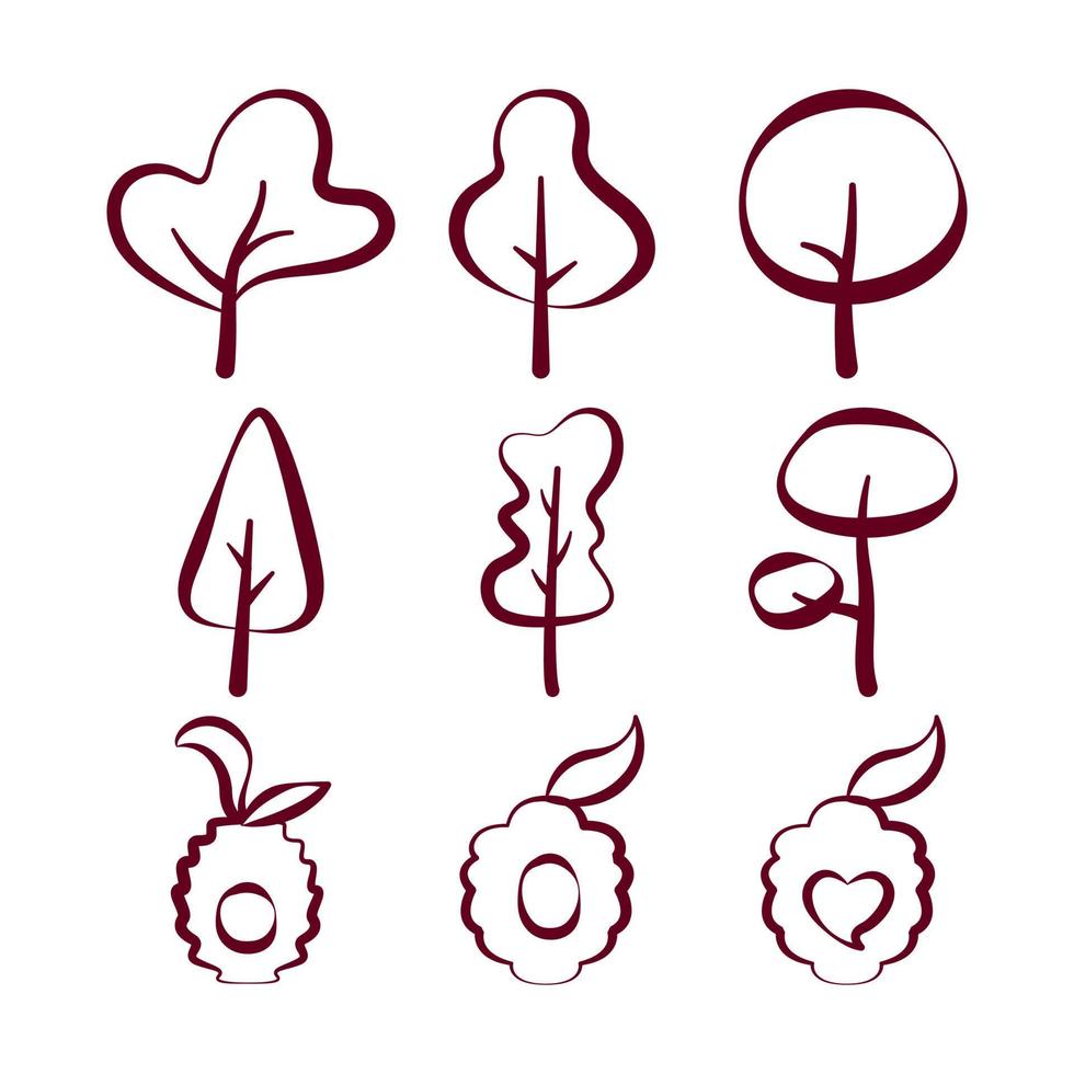 Lineart of various trees and bee hive set. Isolated on white background. Elements for autumn needs vector