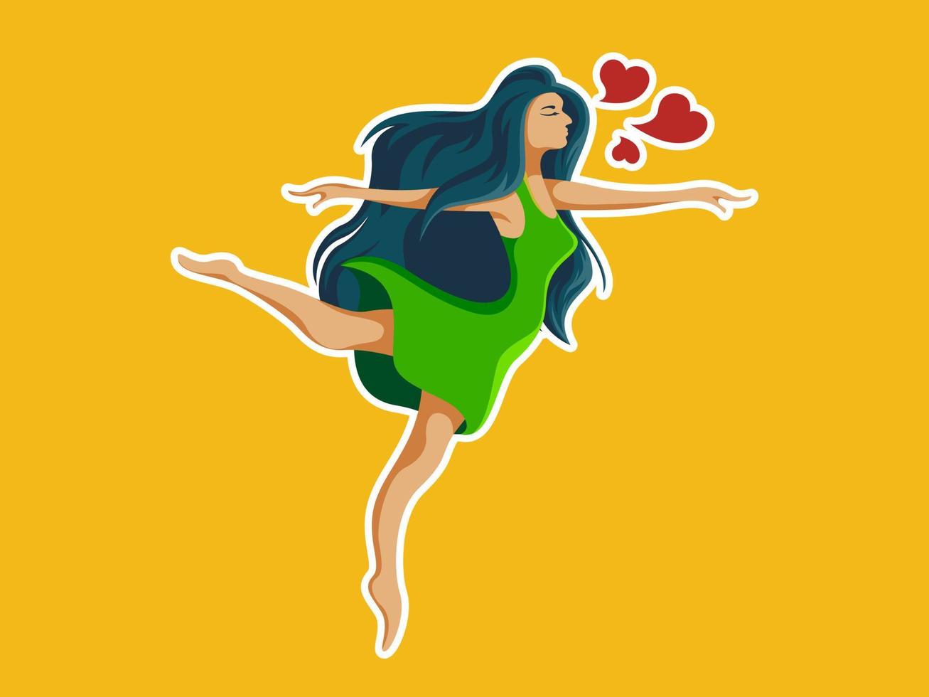 Happy woman jump and dancing. Smiling female character enjoys her freedom and life. Body positive and health care concept vector