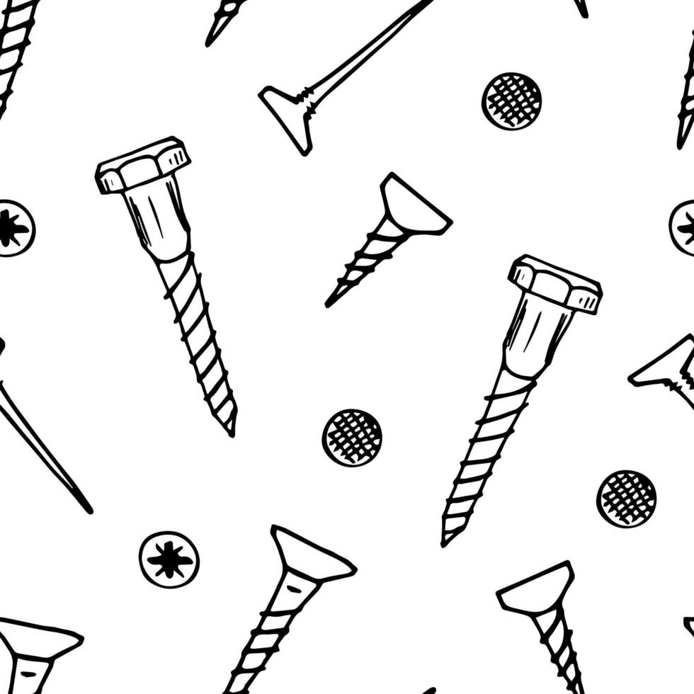 Hand-drawn simple vector doodle seamless pattern. Nails fastening a black outline on a white background. For print packaging, hardware store, fasteners.