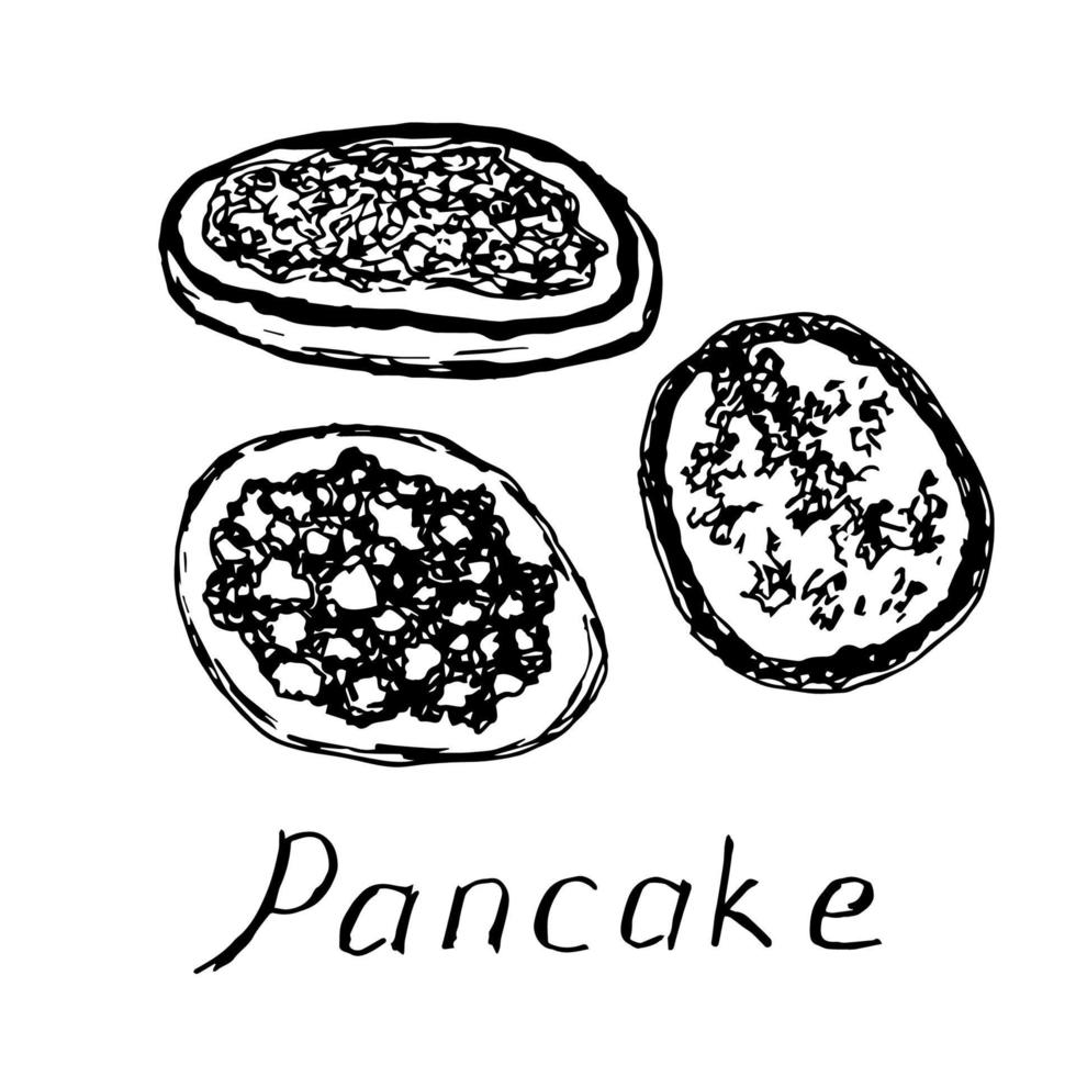 boceto vectorial de tinta dibujado a mano. vista superior de panqueques, postre matutino, desayuno tradicional. horneado, receta, menú. vector