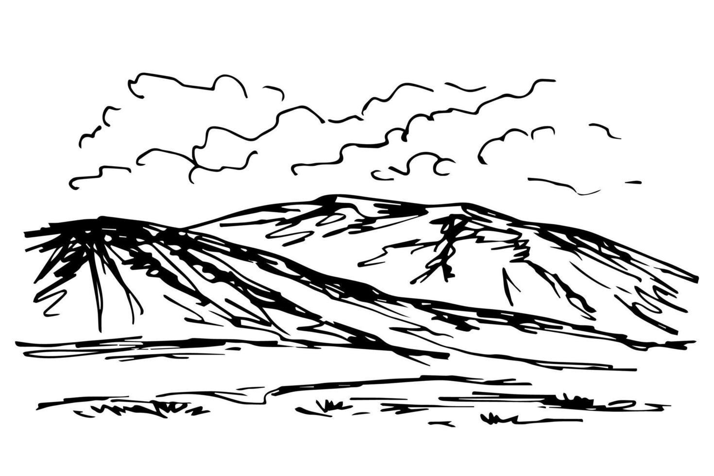 Simple vector ink drawing in engraving style. Silhouette of mountains on the horizon, clouds, hills, nature, foothills. Rock landscape, wildlife.