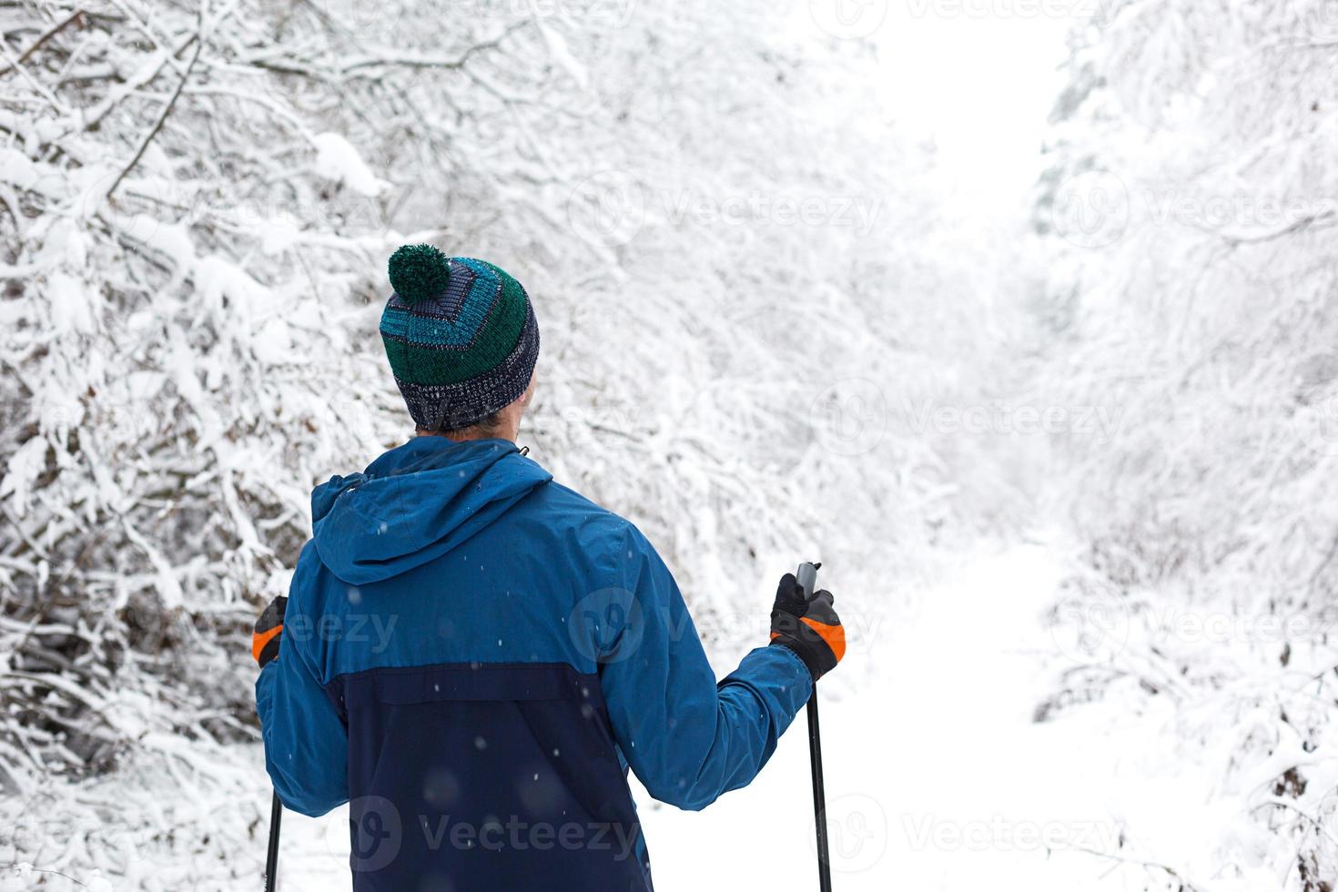Skier in windbreaker and hat with pompom with ski poles in his hands with his back against the background of a snowy forest. Cross-country skiing in winter forest, outdoor sports, healthy lifestyle. photo