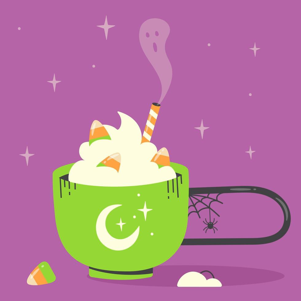 Cartoon poster for Halloween on a purple background. It depicts a green cup with a foamy drink and sweets. Cute ghost. Cute design for postcards. Vector isolated image.