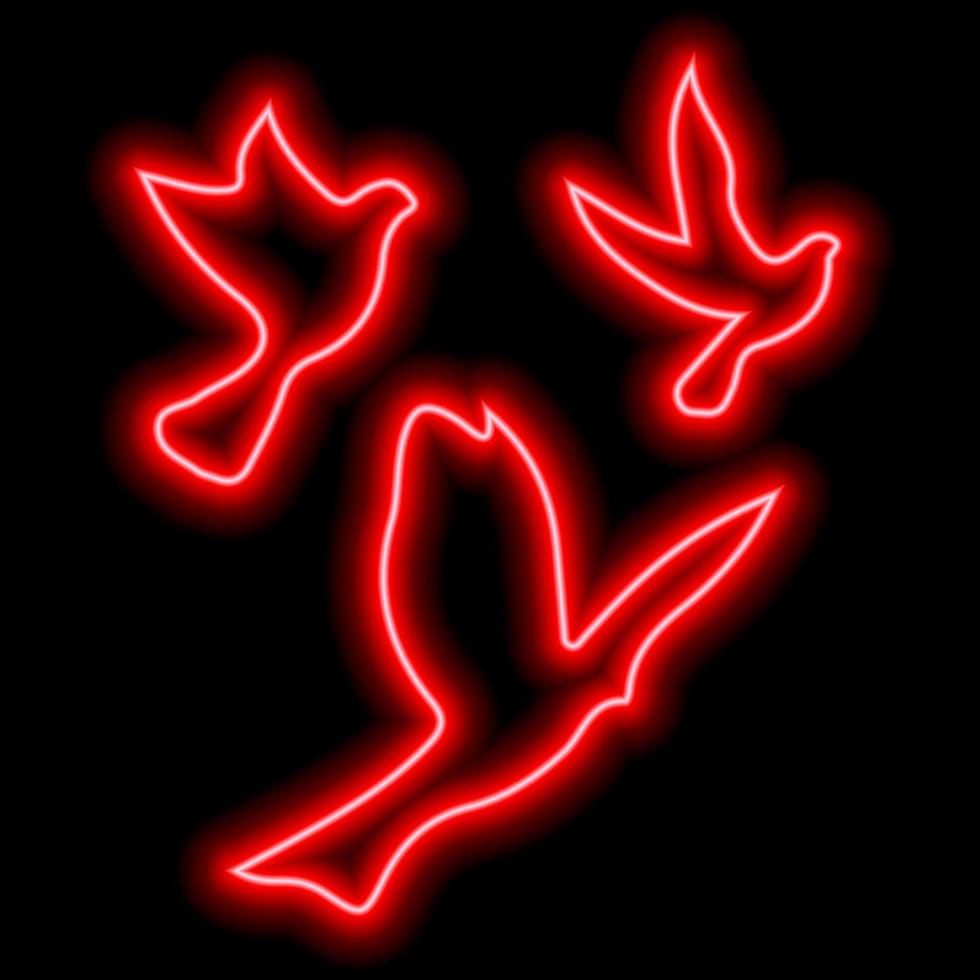 Red neon silhouettes of three birds flying in the sky on black. Freedom, flight, upward movement vector