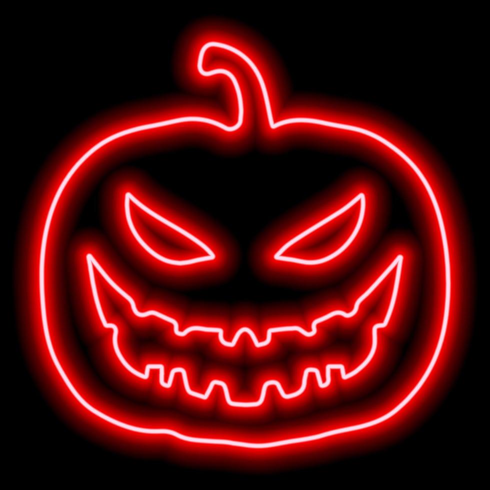 Neon red pumpkin outline for halloween with cut out evil face on black background vector
