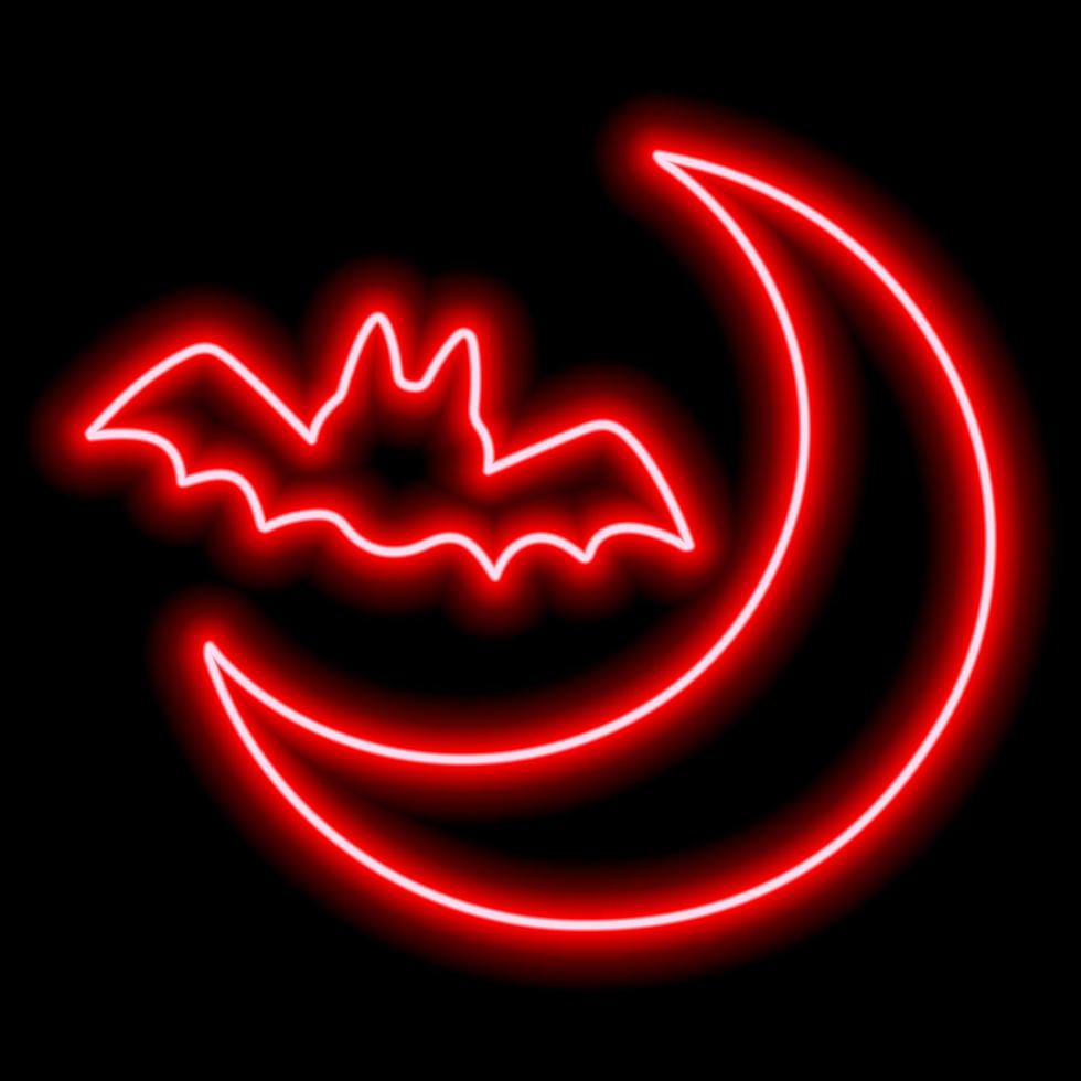 contorno rojo neón de un murciélago y una luna sobre un fondo negro. Víspera de Todos los Santos. vector