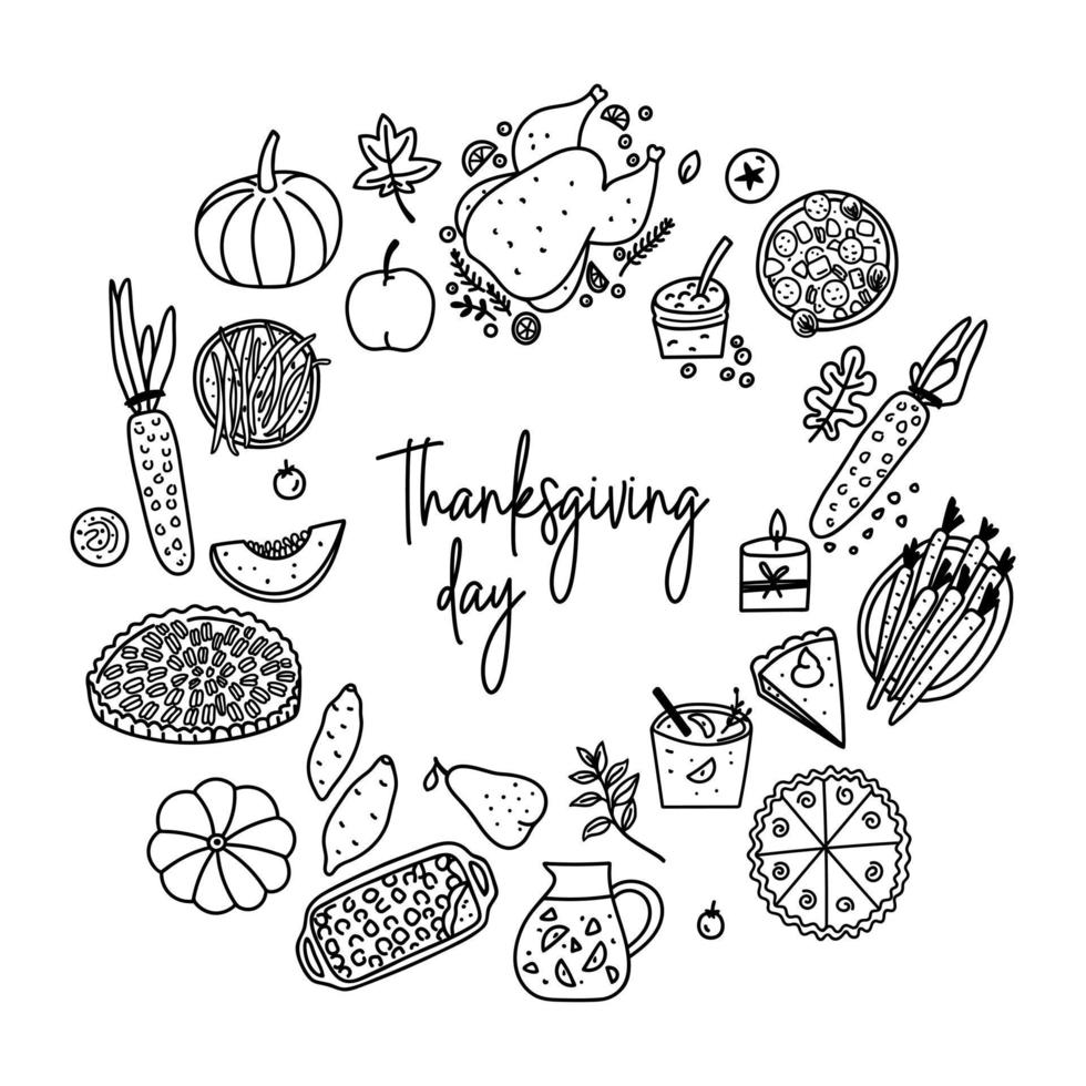 Thanksgiving day set of doodle illustration of celebration dinner, turkey, autumn harvest, pumpkin. Hand drawn black line art, cartoon style vector