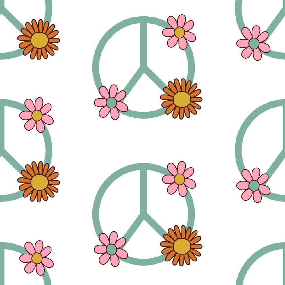 Groovy trippy seamless pattern with peace symbol and daisy. Vector illustration