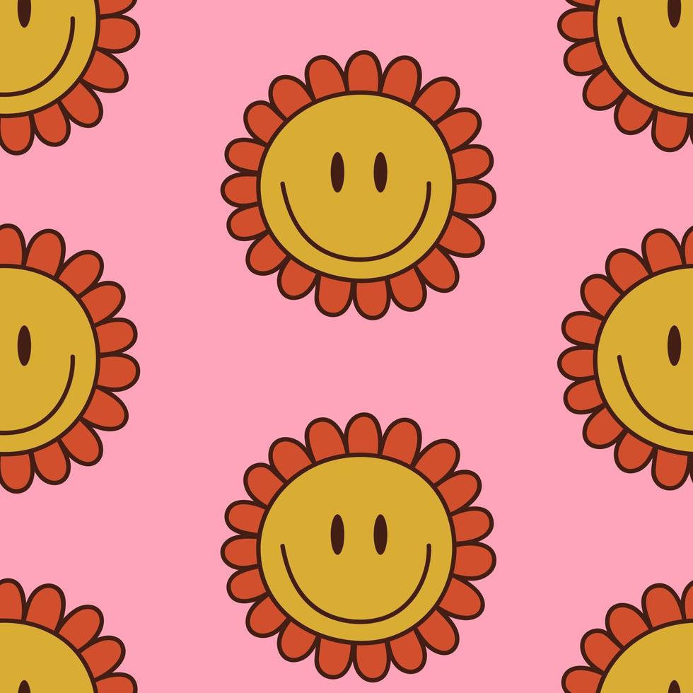 Seamless pattern with groovy daisy smile. 1970 style. Vector illustration