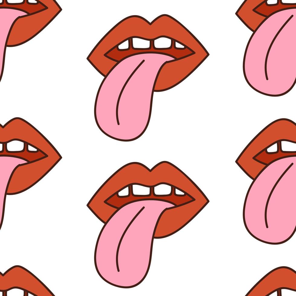 Psychedelic seamless pattern with lips in retro hippie style. Vector illustration