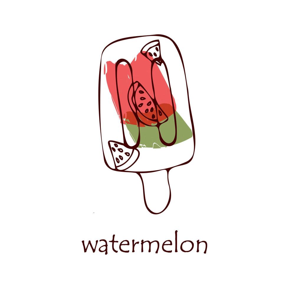 Sketch of fruit ice cream with watermelon flavor. The outline is drawn by hand. Ice cream is suitable for infographics and applications, postcards, greetings, labels vector