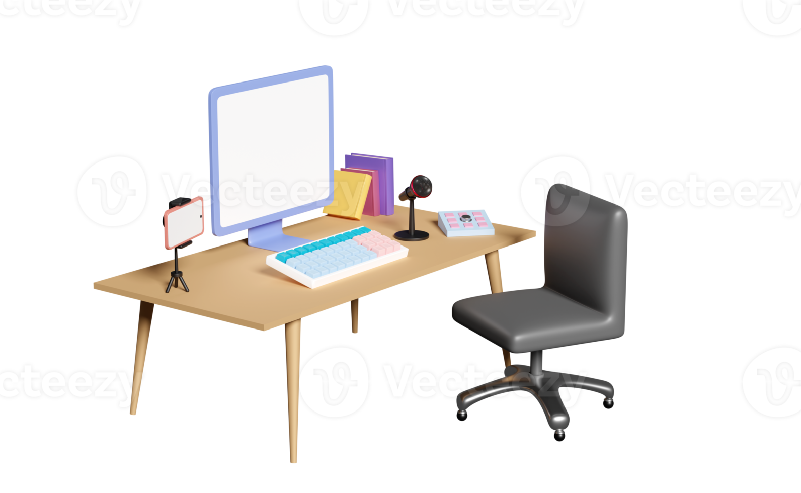Computador 3D na mesa com tela em branco, smartphone, microfone, cadeira de escritório na sala. transmissão ao vivo de vídeo online, aplicativos de comunicação, mensagem de notificação, ilustração de renderização 3d png