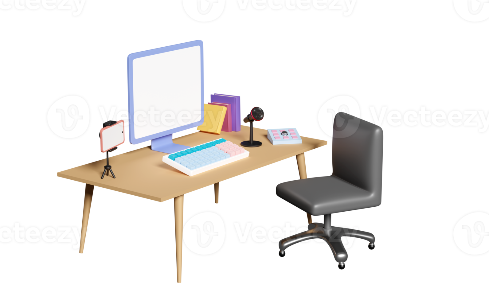 Ordinateur 3d sur table avec écran vierge, smartphone, microphone, chaise de bureau dans la chambre. diffusion vidéo en direct en ligne, applications de communication, message de notification, illustration de rendu 3d png