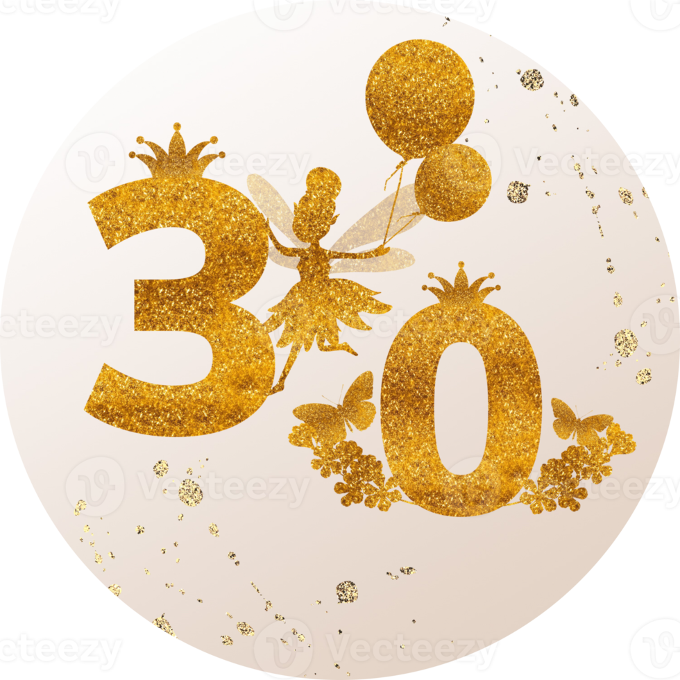 30, number, advent calendar, 30 th birthday, wedding, template. Golden texture, princess, balloons, wings. png