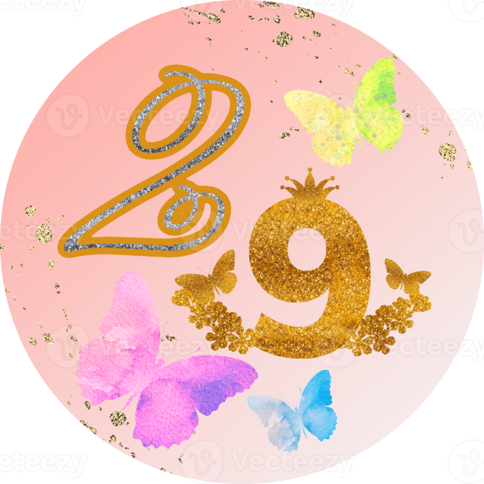 29 Number, 29 th birthday, advent calendar, Christmas, wedding template. watercolour butterflies, flowers, golden texture. png