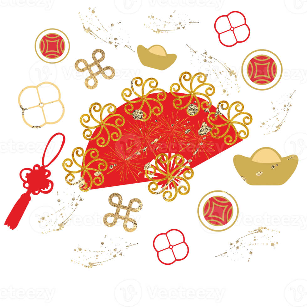 Chinese Happy New Year template, holiday. Red, gold texture, fan, money, flower. png