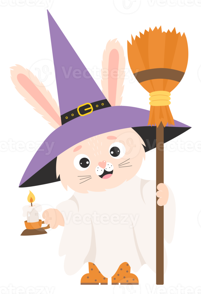 sticker  Halloween ghost bunny in witchs hat with candle, broom png