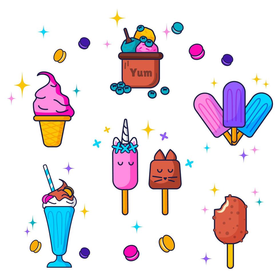 A set of brightly colored ice cream in different cones. Cute cartoons isolated on white vector