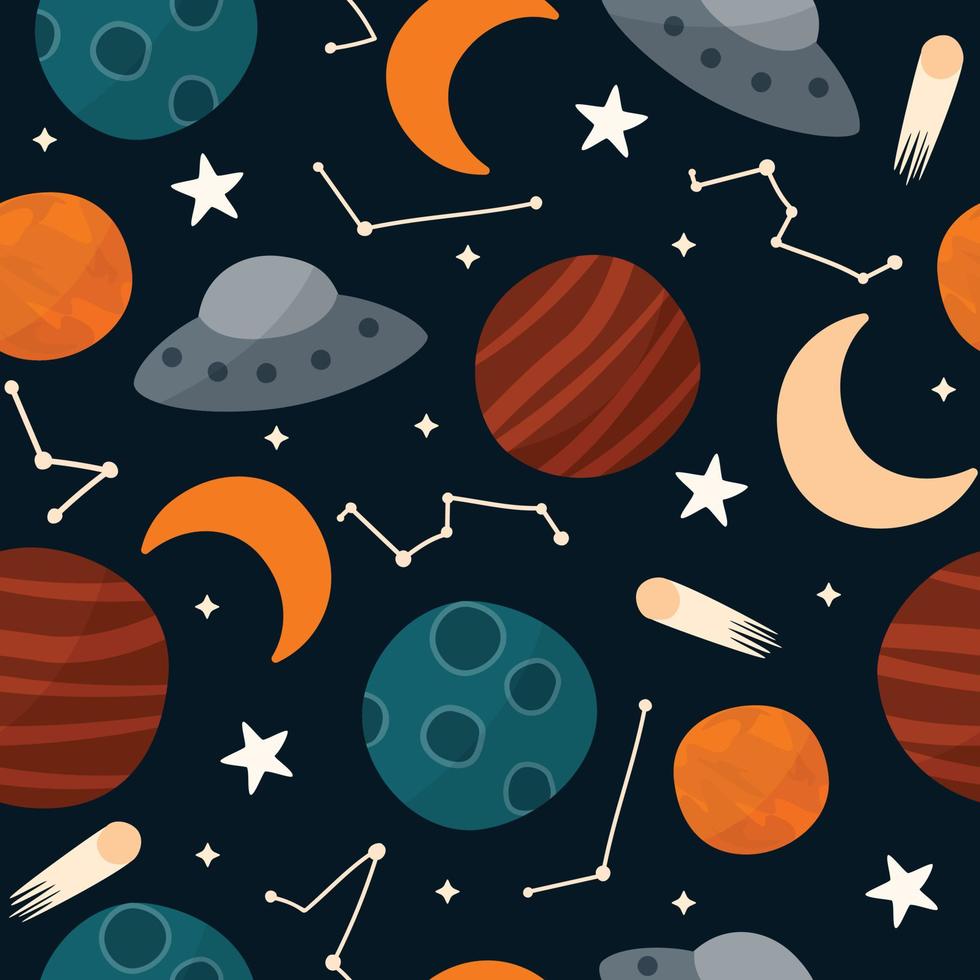 cartoon galaxy pattern with planets, constellations, comet, ufo and moon vector