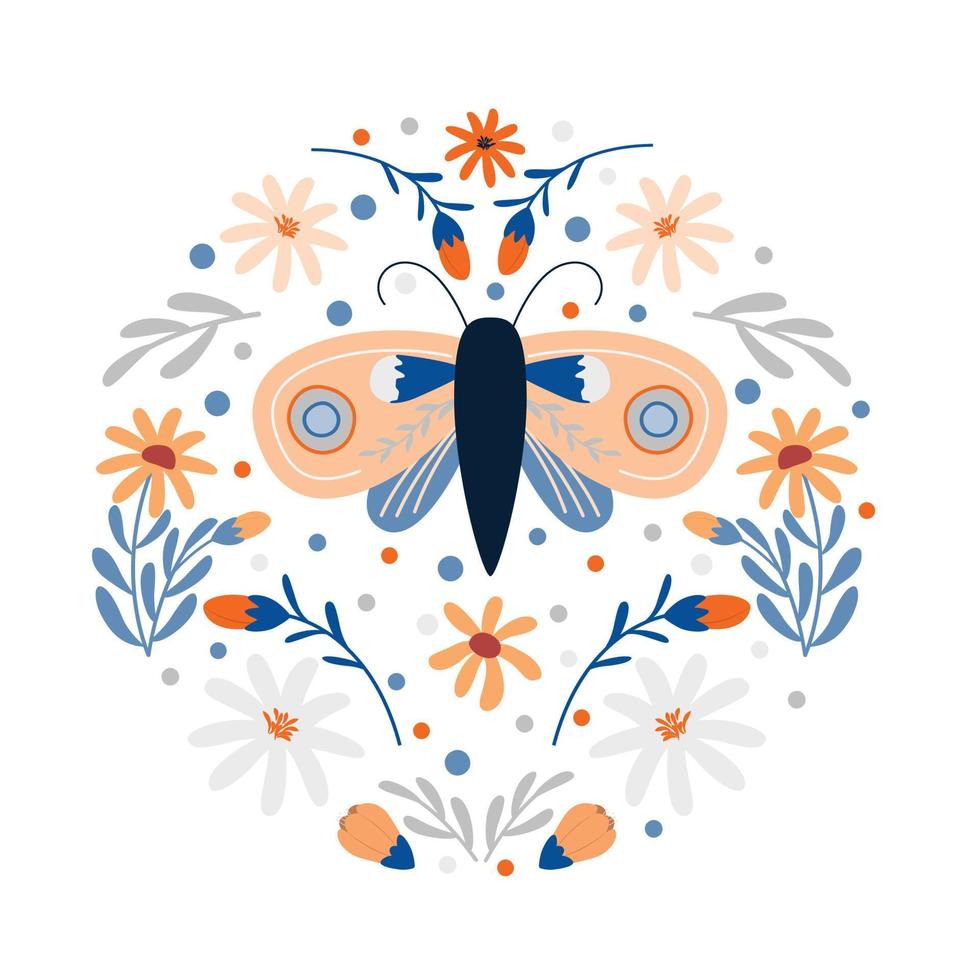 summer round composition with moth and flowers vector