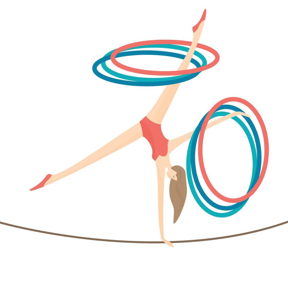 gymnast performing acrobat treack on the rope with hula hoops on her hands and legs vector