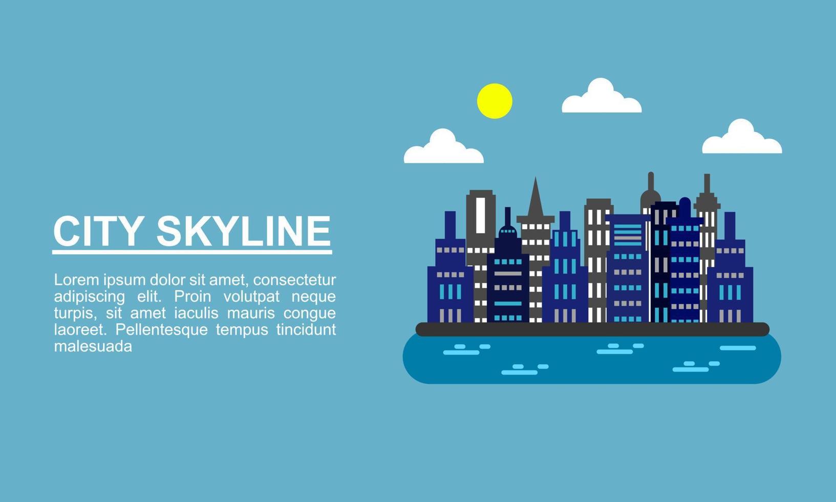 horizontes de la ciudad con edificio sol nube y río vector