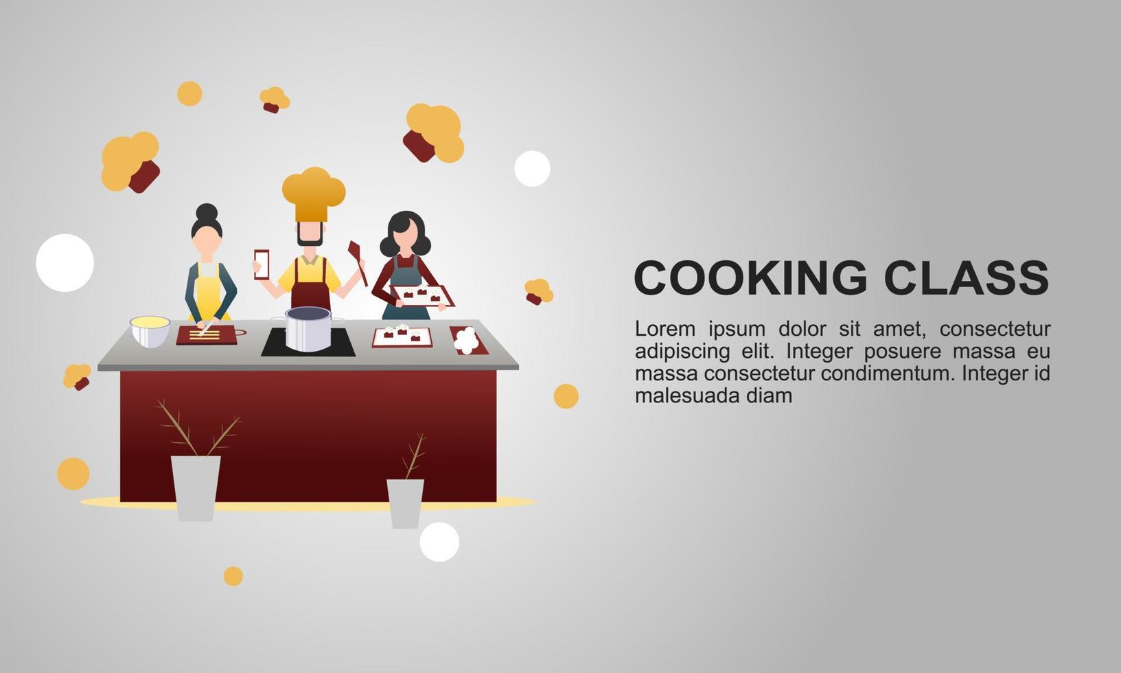 cooking class flat illustration with people cooking cake in kitchen vector