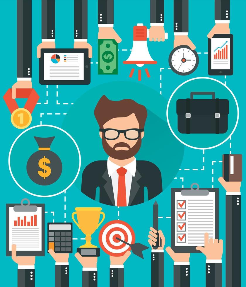Management design flat with business man, isolated vector