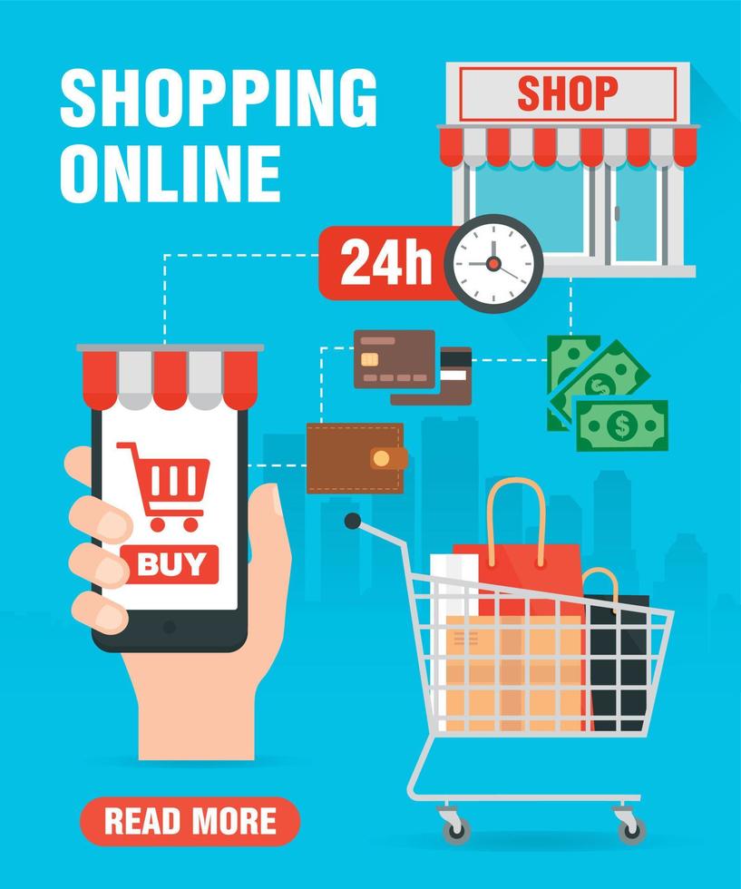 Online shopping. Concept sale flat design with shopping cart, basket vector